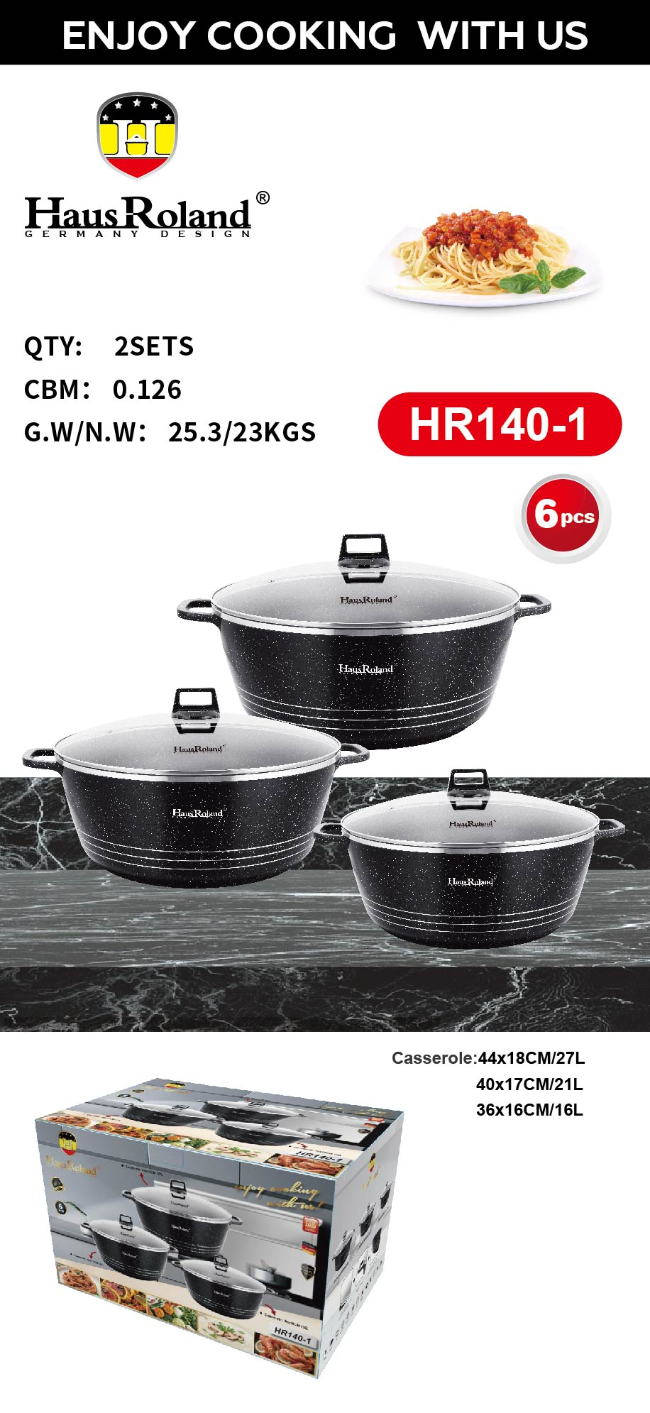 HausRoland 6-delige Casserole Pannenset – Zwart met Marmer Coating