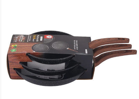 3-delige Koekenpannenset met Houtlook Handvat – Marble Coating