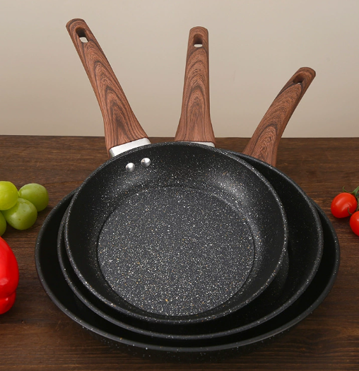 3-delige Koekenpannenset met Houtlook Handvat – Marble Coating