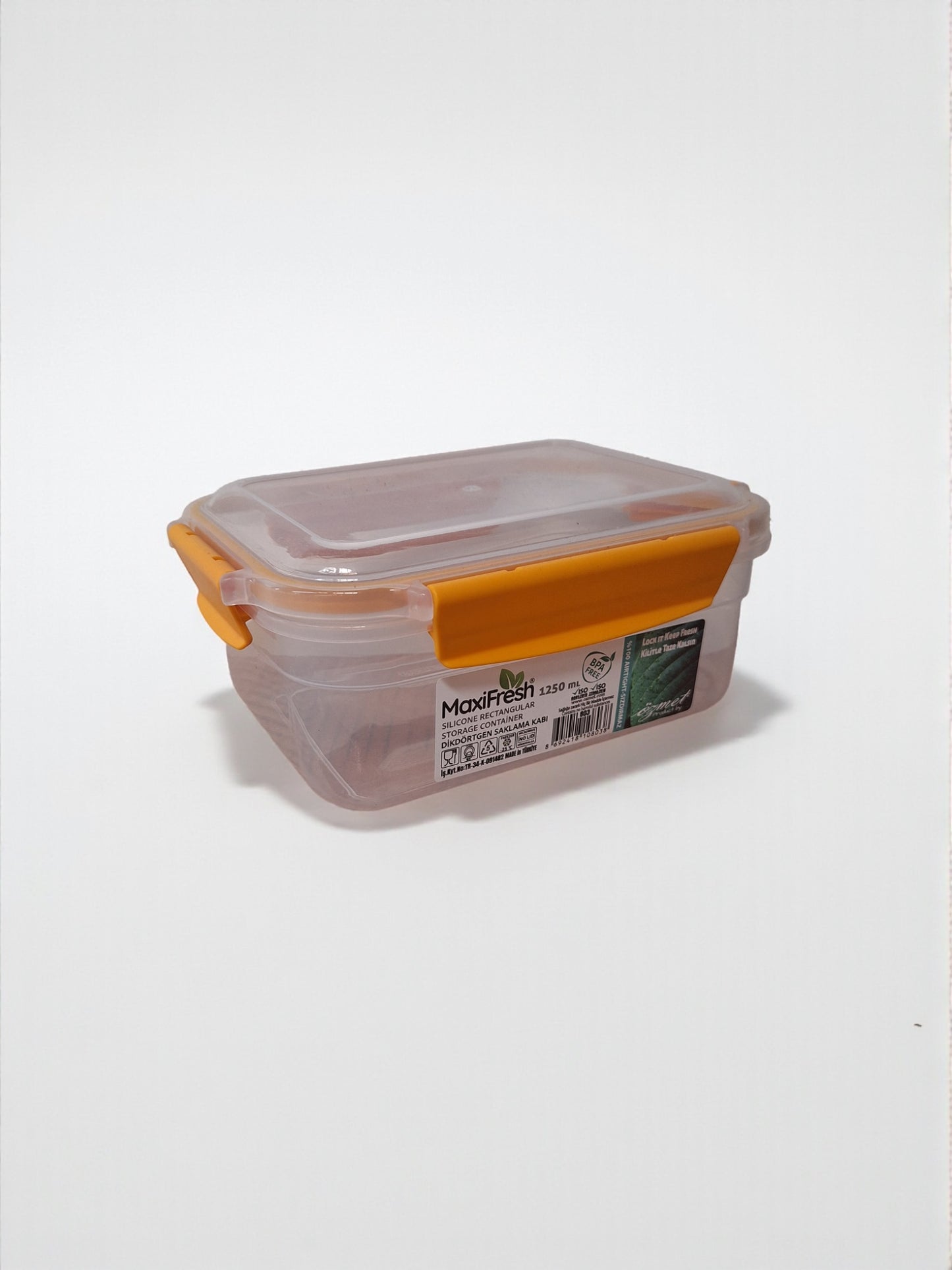 Voedselcontainer – 1,25 liter, transparant met oranje sluiting