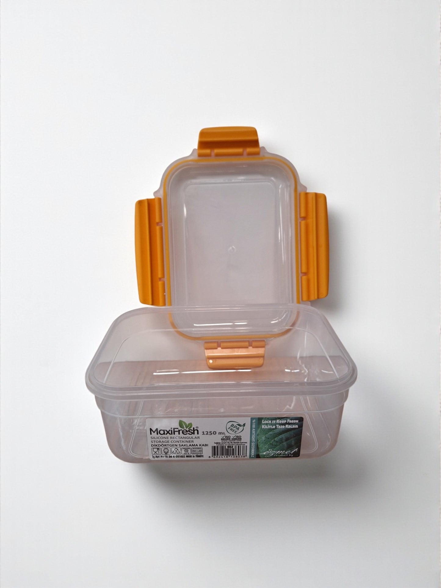 Voedselcontainer – 1,25 liter, transparant met oranje sluiting