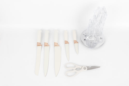 6-delige Luxe Messenset met Houder – Wit & Roségoud