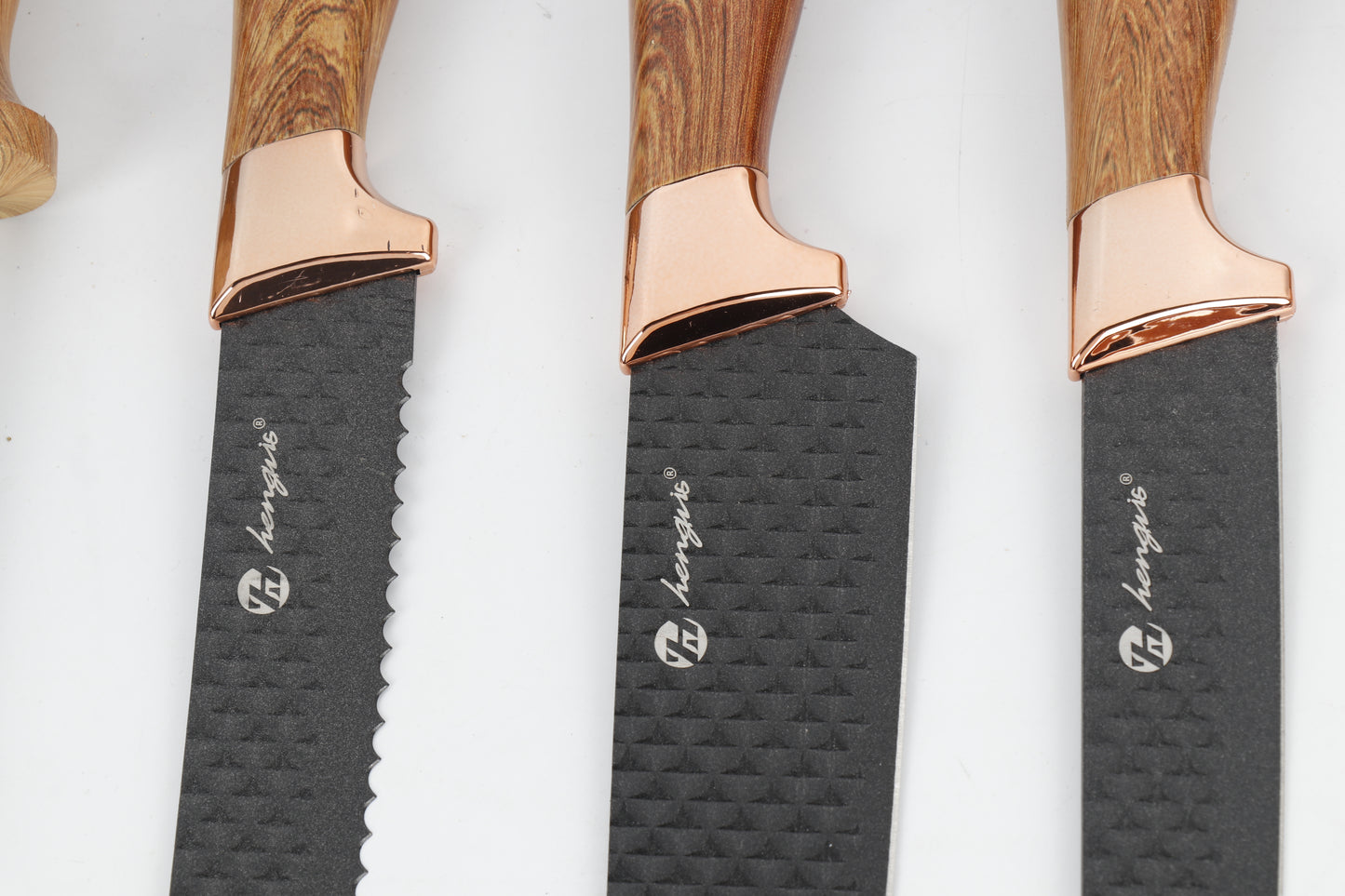 9-delige Luxe Messenset met Houder – Houtlook Handvatten & Zwart Staal