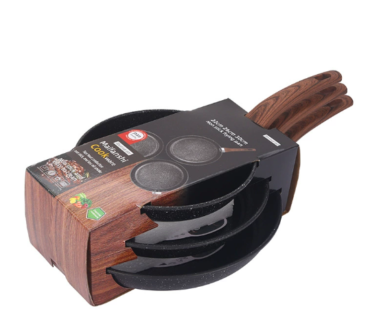 3-delige Koekenpannenset met Houtlook Handvat – Marble Coating