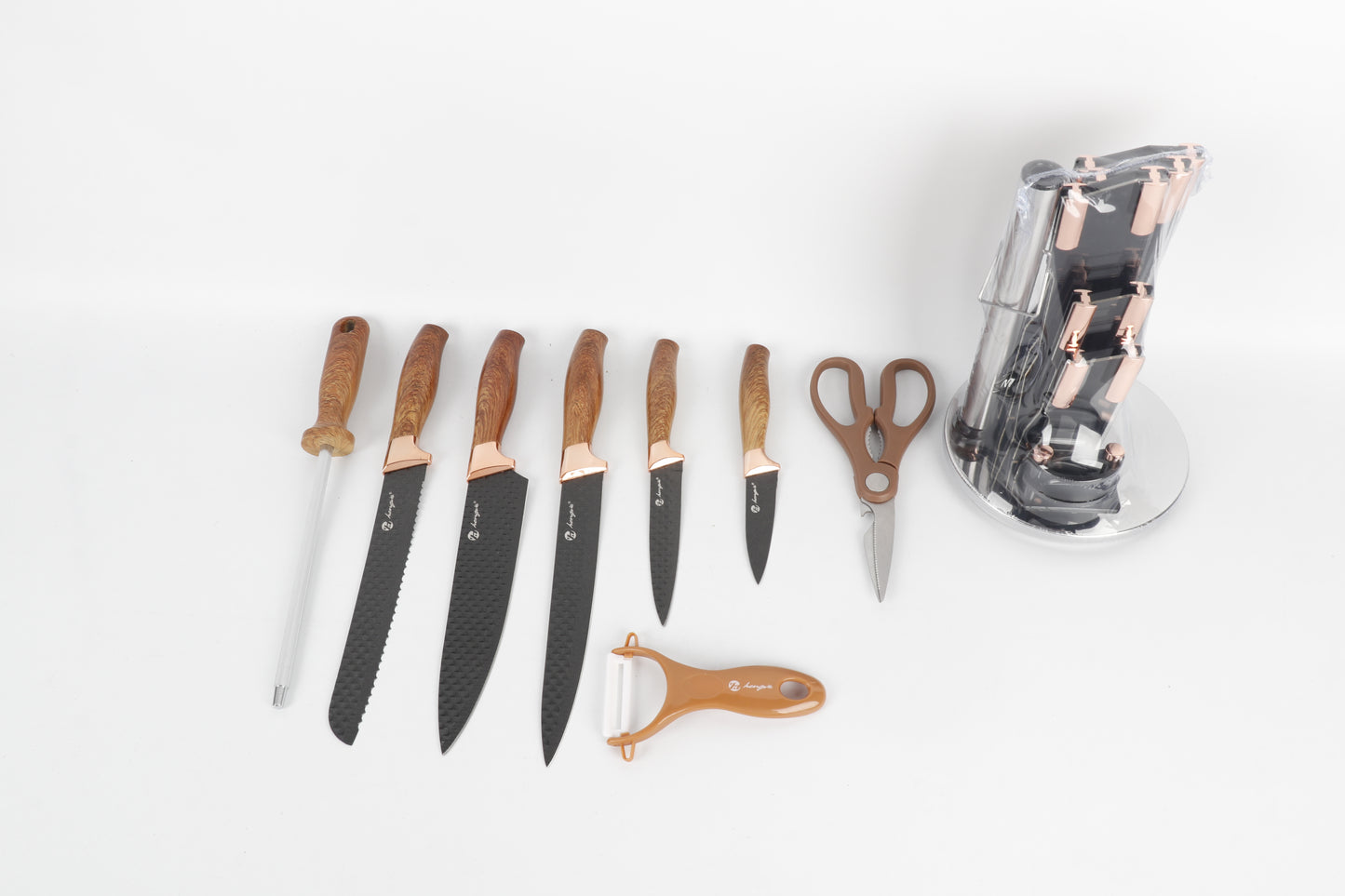 9-delige Luxe Messenset met Houder – Houtlook Handvatten & Zwart Staal