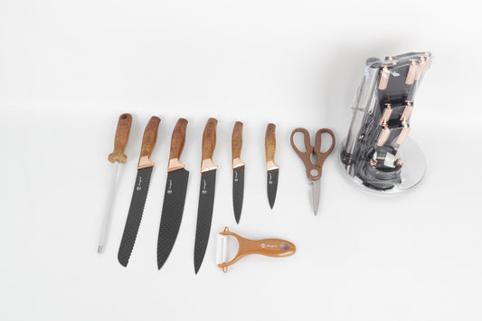 9-delige Luxe Messenset met Houder – Houtlook Handvatten & Zwart Staal