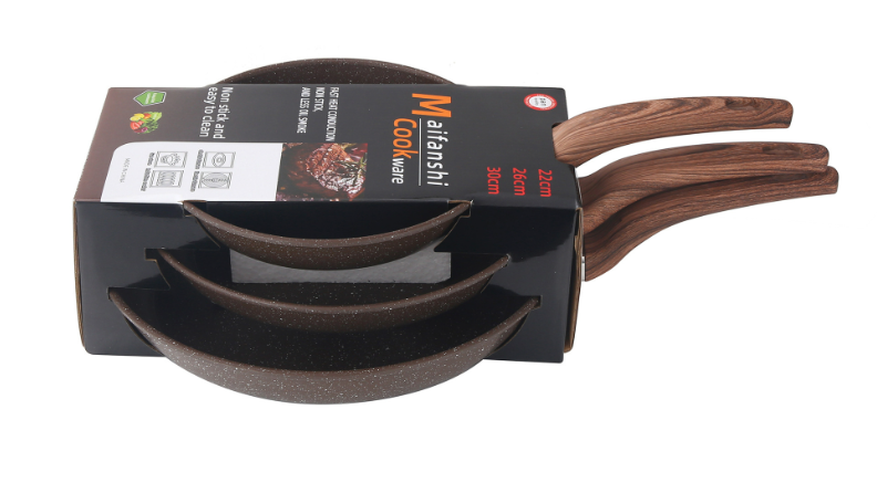 3-delige Koekenpannenset met Houtlook Handvat – Marble Coating