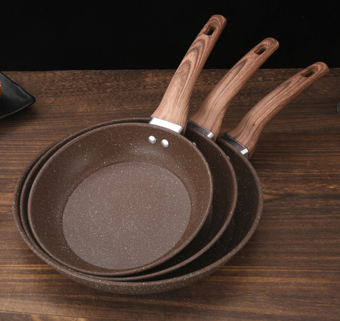 3-delige Koekenpannenset met Houtlook Handvat – Marble Coating