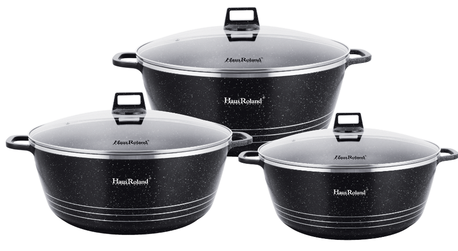 HausRoland 6-delige Casserole Pannenset – Zwart met Marmer Coating