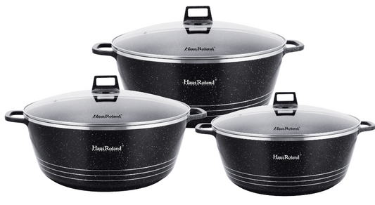 HausRoland 6-delige Casserole Pannenset – Zwart met Marmer Coating