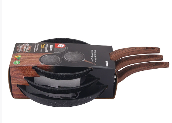 3-delige Koekenpannenset met Houtlook Handvat – Marble Coating