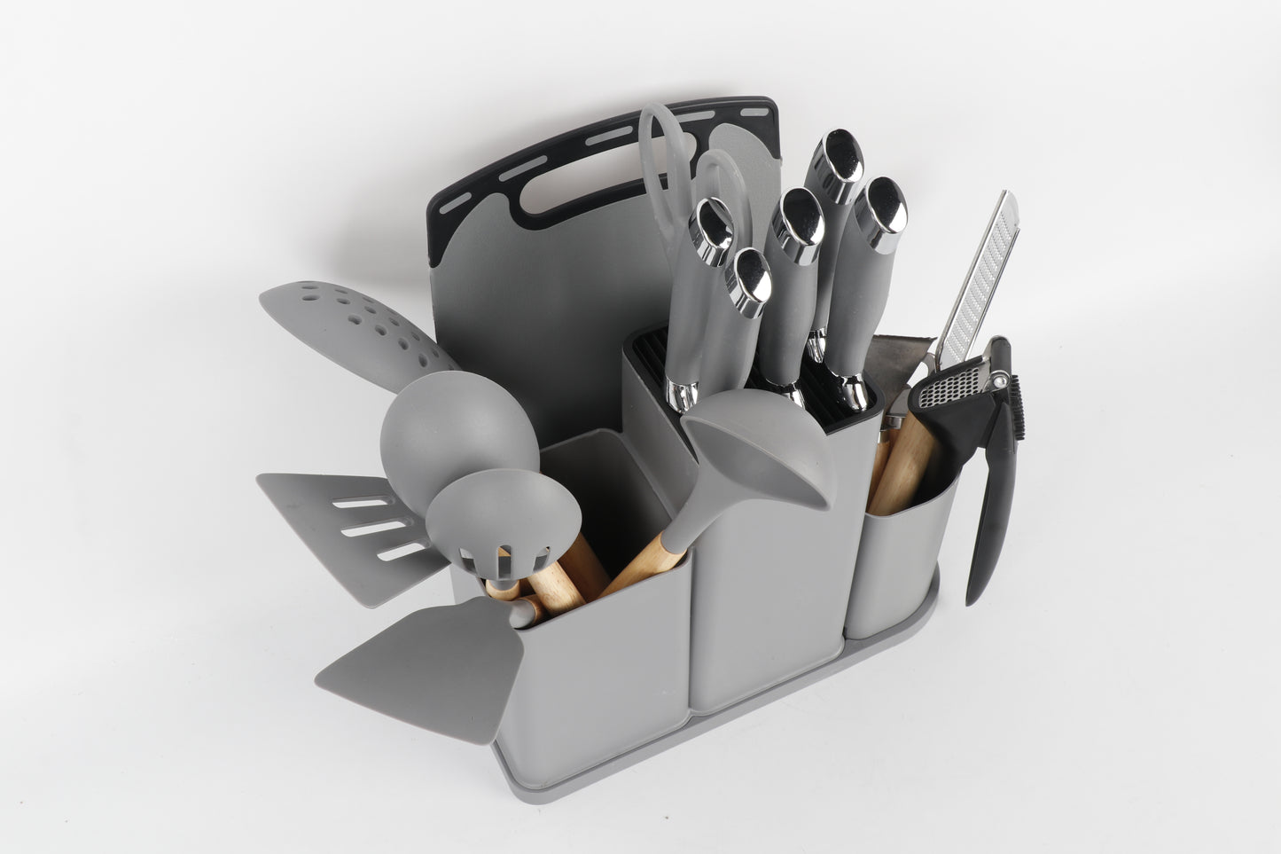 Keukenaccessoireset – 18-delig | Grijs met Houten Details