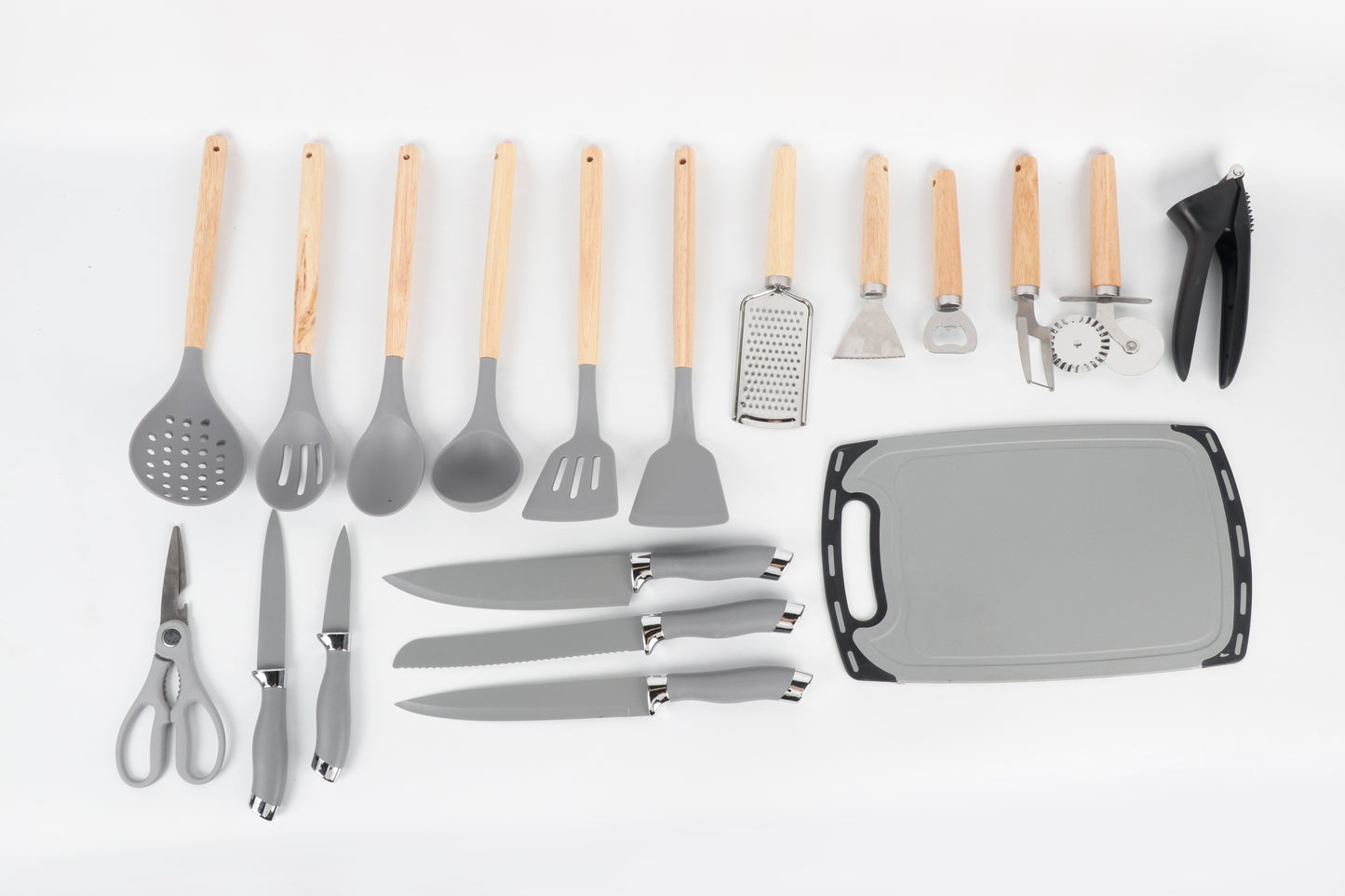 Keukenaccessoireset – 18-delig | Grijs met Houten Details