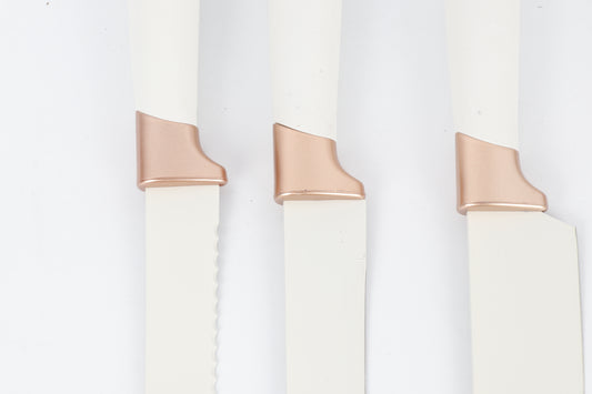 6-delige Luxe Messenset met Houder – Wit & Roségoud