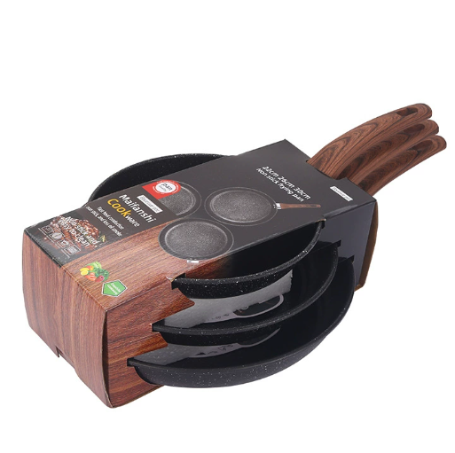 3-delige Koekenpannenset met Houtlook Handvat – Marble Coating