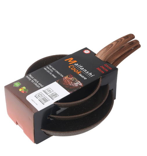 3-delige Koekenpannenset met Houtlook Handvat – Marble Coating