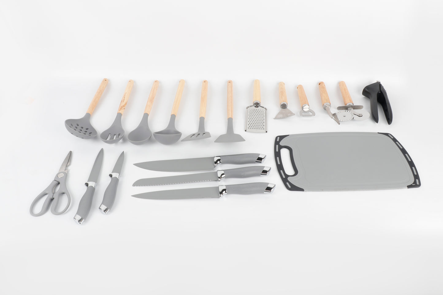 Keukenaccessoireset – 18-delig | Grijs met Houten Details