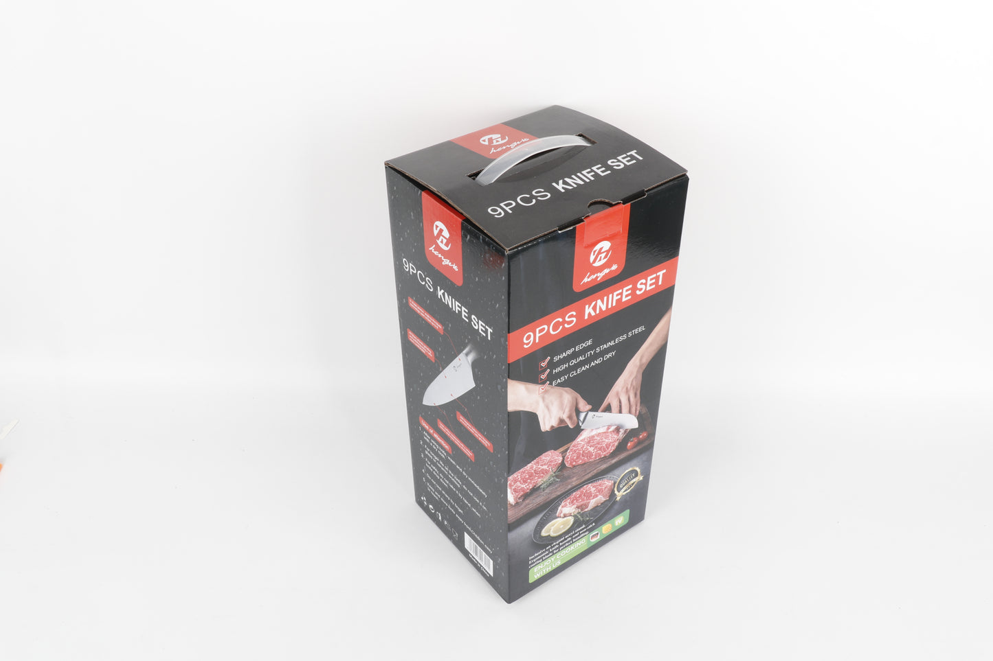 9-delige Luxe Messenset met Houder – Houtlook Handvatten & Zwart Staal