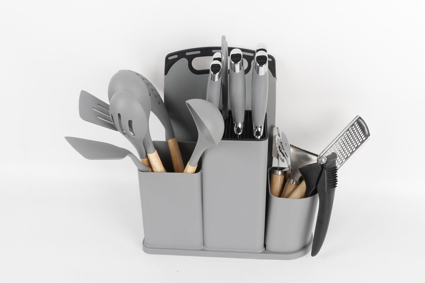 Keukenaccessoireset – 18-delig | Grijs met Houten Details