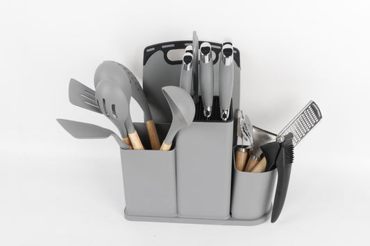 Keukenaccessoireset – 18-delig | Grijs met Houten Details